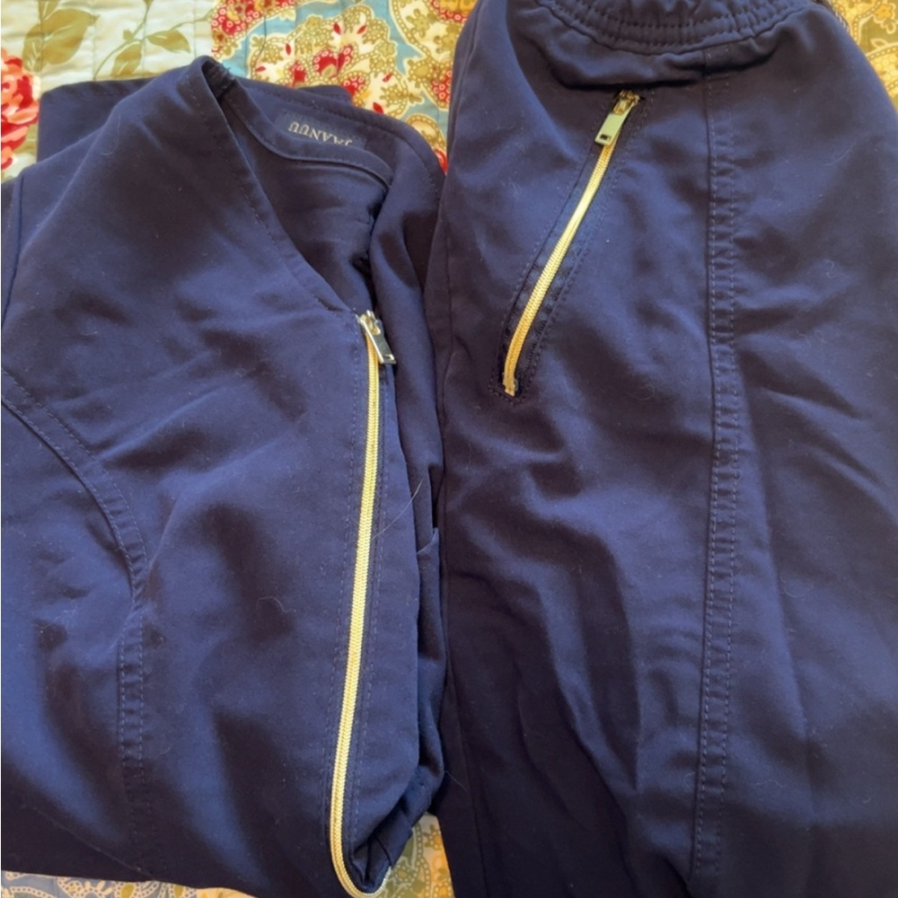 Jaanuu Navy Blue Scrub Set with Gold Zippers